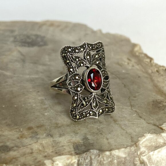 VTG Judith Jack Sterling Silver 925 Art Deco Style Oval Garnet Marcasite Ring - Picture 5 of 16